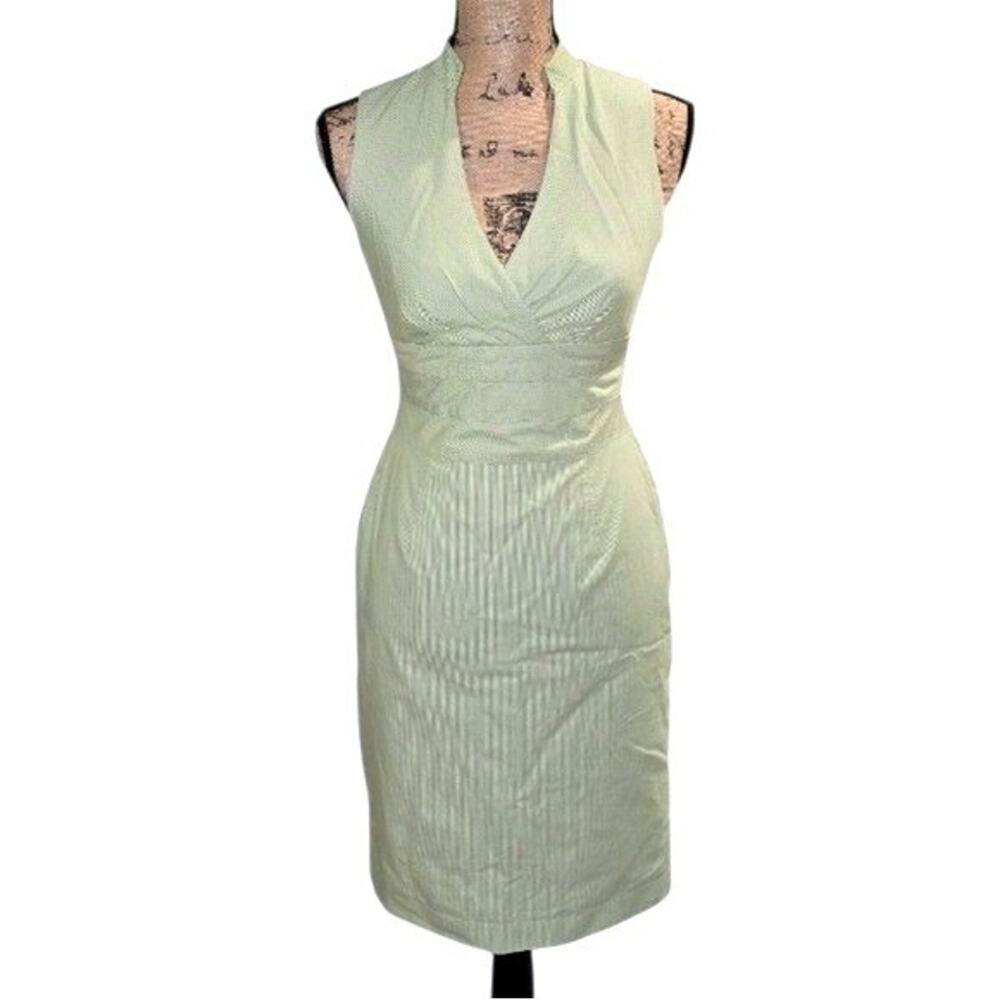 Kay Unger New York Green White Seersucker Stripe Sheath Dress Sleeveless Size 4